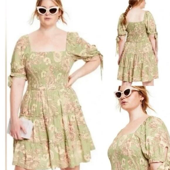 AGUA BENDITA TARGET GREEN PINK SMOCKED PUFF‎ SLEEVE COTTAGE SUN DRESS - Picture 1 of 12